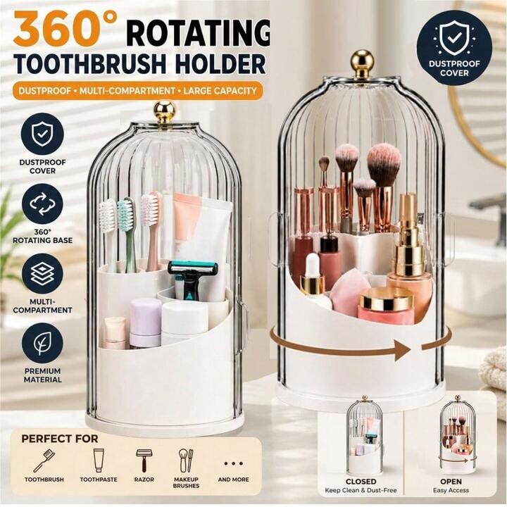 Dust-Proof 360° Luxury Rotating brush Holder | 3-Slot Bathroom Organizer (Premium Quality)