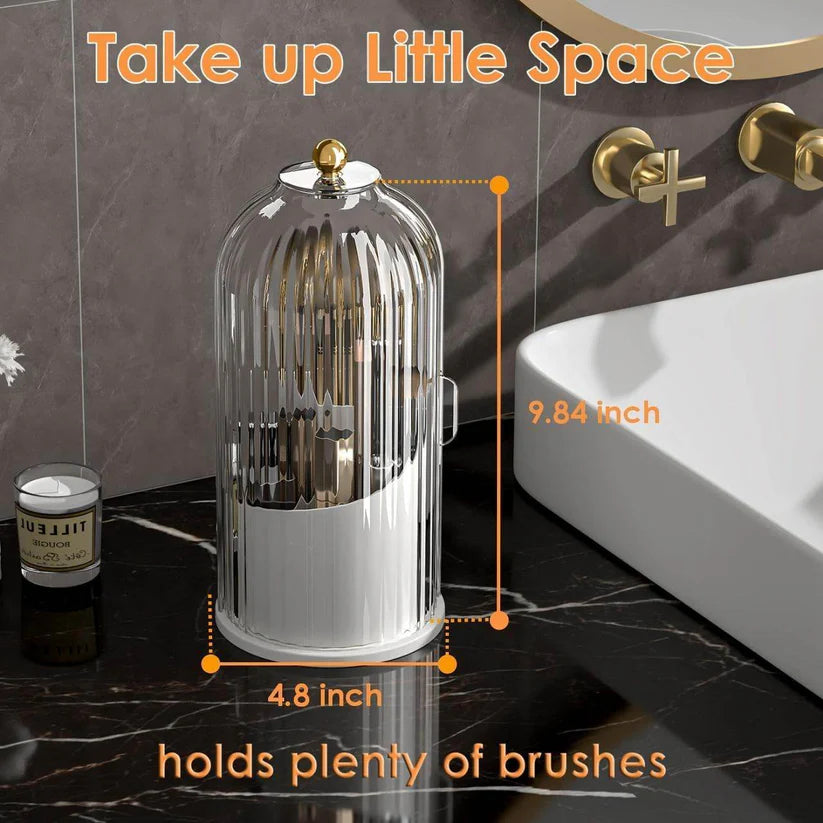 360° Rotating Makeup Brush Holder with Lid – Dustproof Vanity Organizer for Brushes & Cosmetics