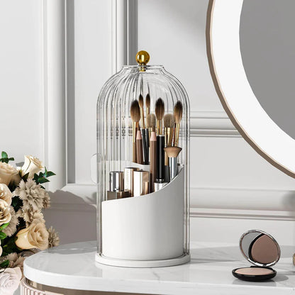 360° Rotating Makeup Brush Holder with Lid – Dustproof Vanity Organizer for Brushes & Cosmetics