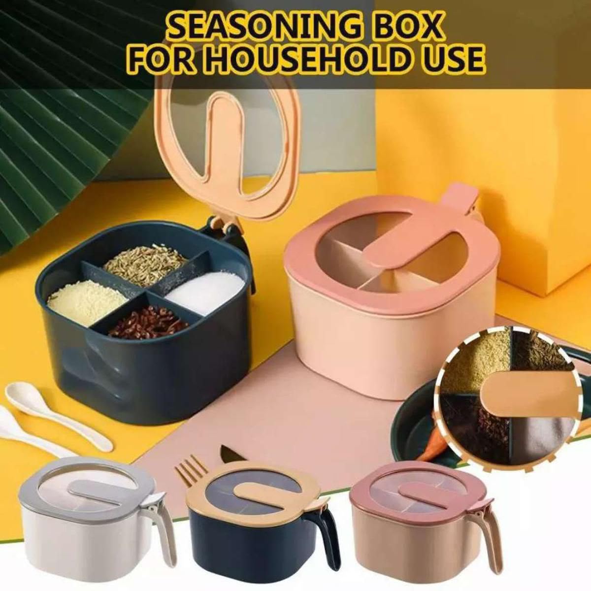 4 Portion Spice Box with 4 Spoons and Transparent Top (Mix/Random color)