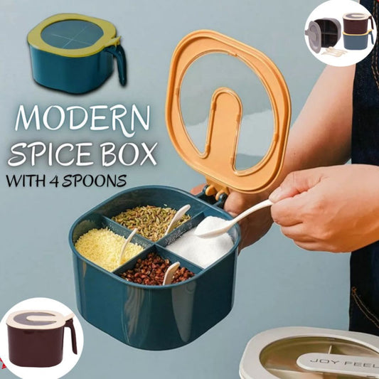 4 Portion Spice Box with 4 Spoons and Transparent Top (Mix/Random color)